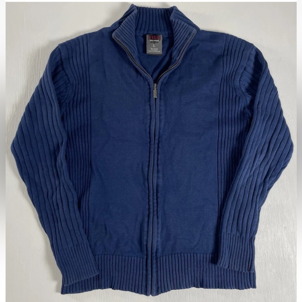 VIGO‎ Y2K men’s size L Blue Full Zip Mock Neck Long Sleeve Sweater 100% Cotton
